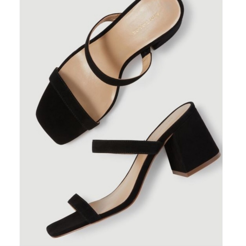 Ann Taylor Fiona Suede Two-Strap Block Heel Sandals Black